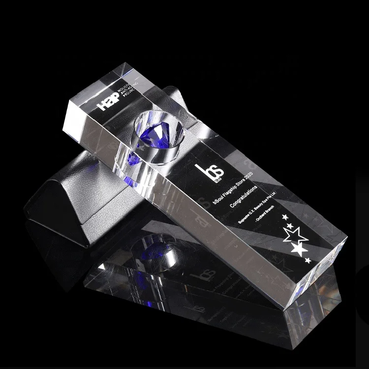 Blue Diamond Crystal Trophy Custom Event Competition Outstanding Employee Honor Crystal Medal Souvenir