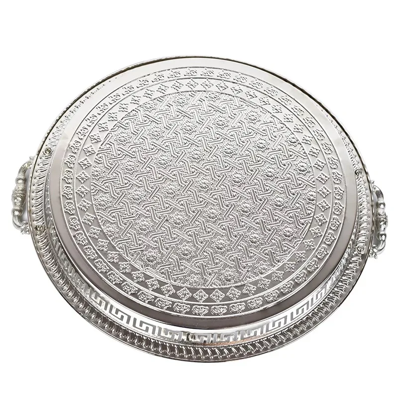 Moroccan Charger Plate Copper Plate Stainless Steel Round Tray With Handle,Luxury Golden Serving