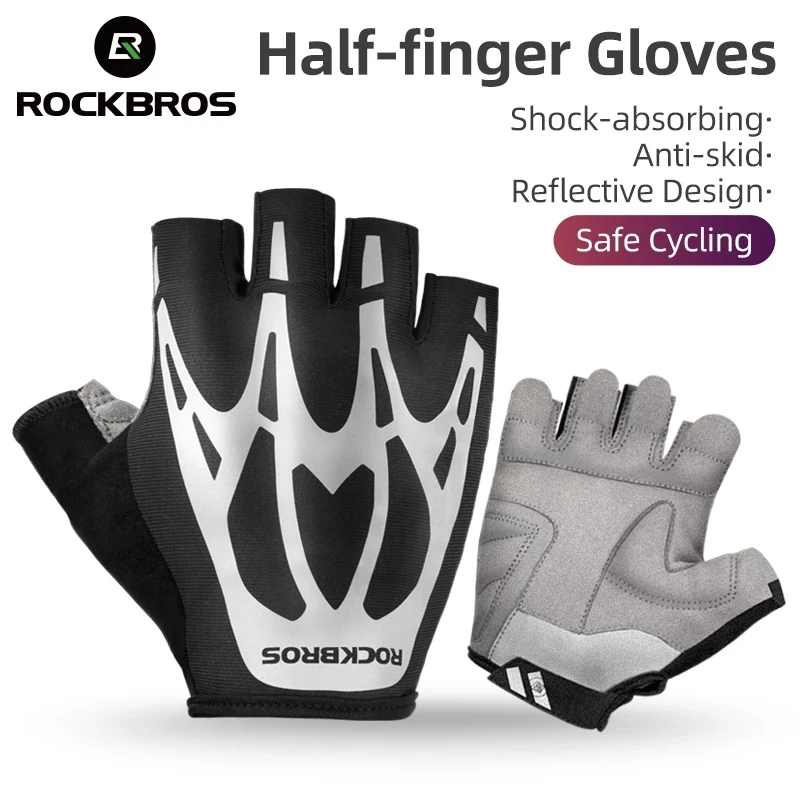 

ROCKBROS Highlight Reflective Cycling Gloves SBR Shockproof Breathable Motorcycle Bike Half Finger Sports Gloves, Black