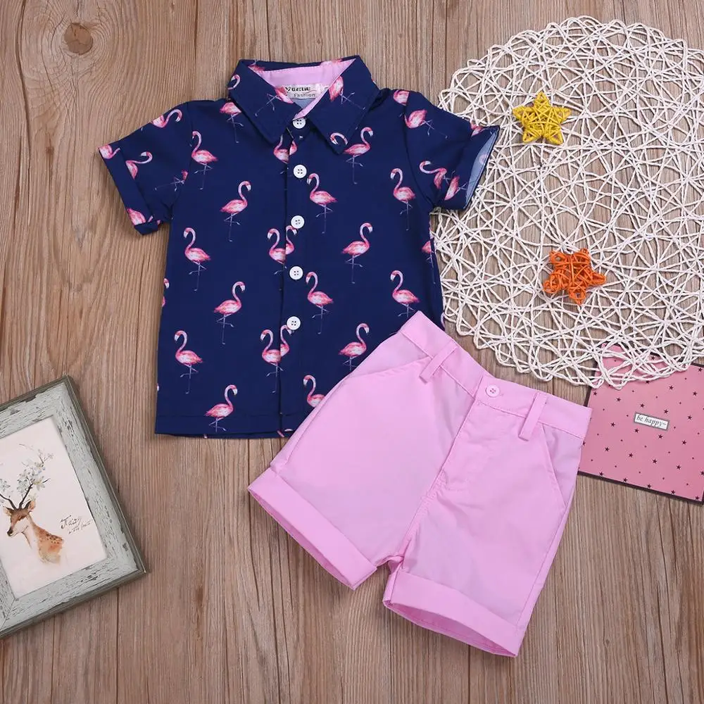 2-6Years Toddler Baby Boys Clothes Little Kids Pink Flamingo Button Down Shirts Shorts Set 2Pcs Summer Outfits M90709