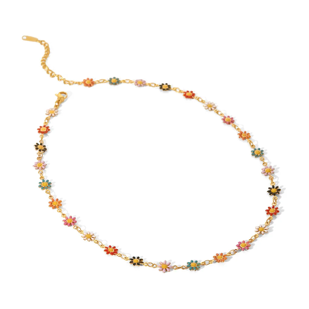 

18K Gold Plated Stainless Steel Accessories Charm Colorful Daisy Choker Necklace For Women