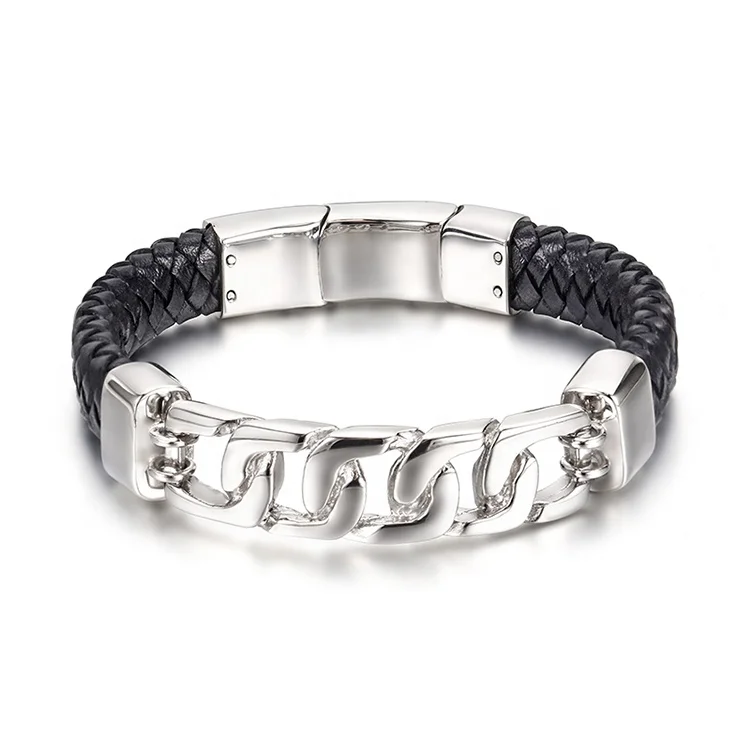 

Luxury Jewelry Stainless Steel Magnetic Clasp Genuine Leather Bangle Bracelet For Men, Black