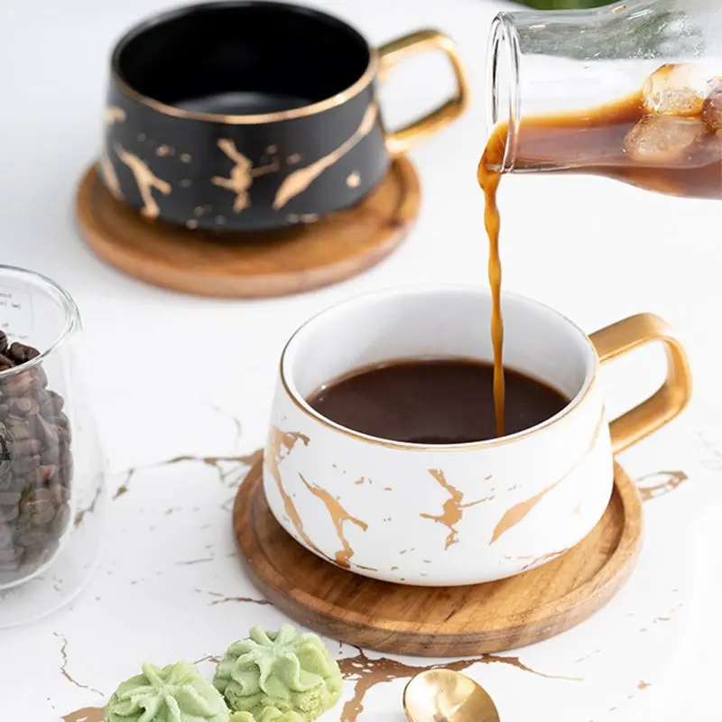 

Japanese Style White Black Marble Pattern Matte Ceramic Coffee Mug With Gold Handle Cup And Saucer Plate, Black,white,dark green