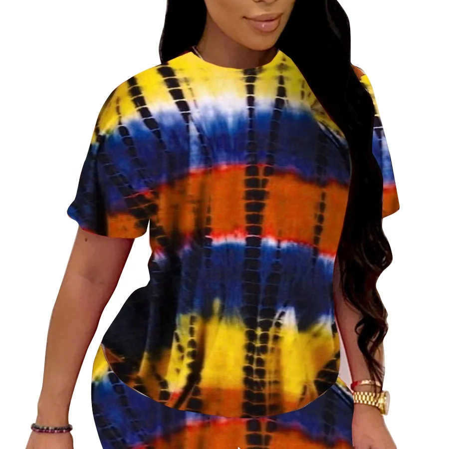 

AI52-8085 4 colors New summer 2021 women's tie-dye printed short sleeve home two-piece set