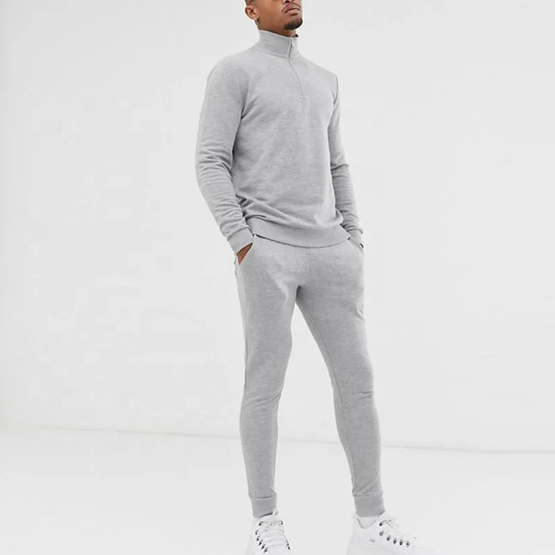 

Wholesale Custom Two Piece Plain High Neck Sweatsuit Tracksuit 100% Cotton Sports Slit Fit Mens Tracksuit
