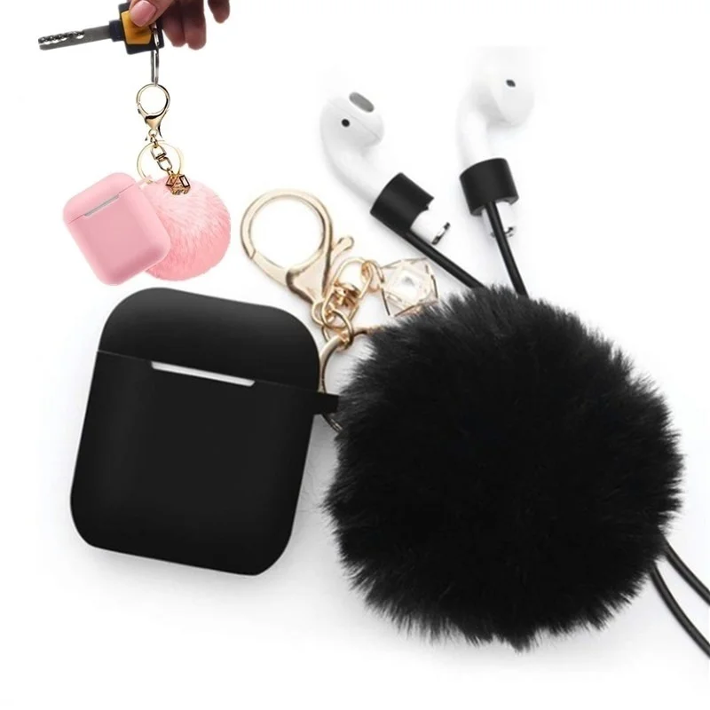 

pom Ball for Airpods Keychain Waterproof earphone Case Proof Protective Case Fur Ball Keychain For Airpods Accessories, Multi colors