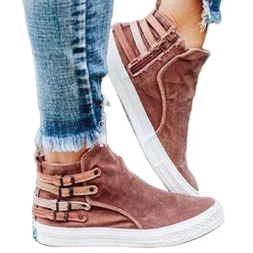 

Wholesale Women Plus Size Belt Buckle Zipper Mid-Top Canvas Shoes, As picture