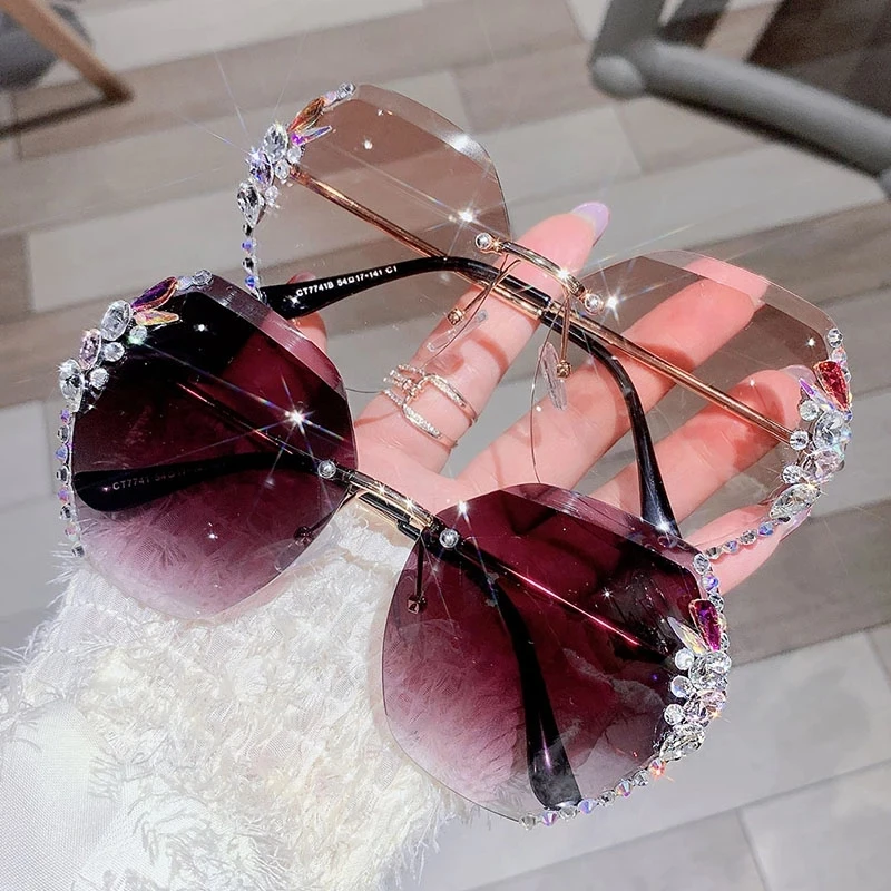

2022 Fashion Brand Design Vintage Rimless Rhinestone Sunglasses Women Men Retro Cutting Lens Gradient Sun Glasses Female UV400