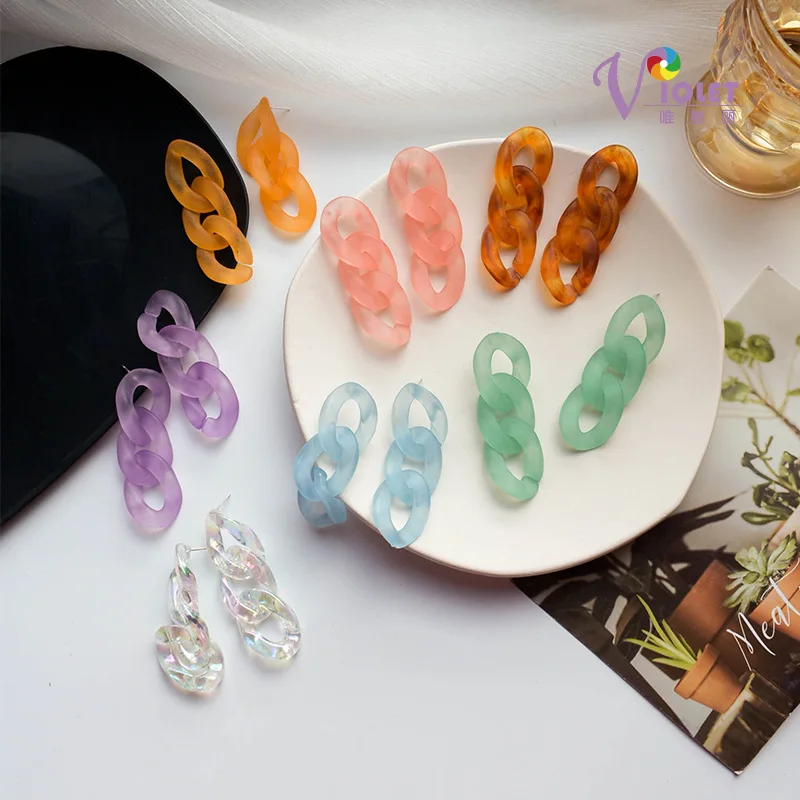 

Ins Korean Sweet Colorful Cuban Link Chain Trendy Earrings Candy Color Acrylic 925 Sterling Silver Link Chain Earrings For Girl