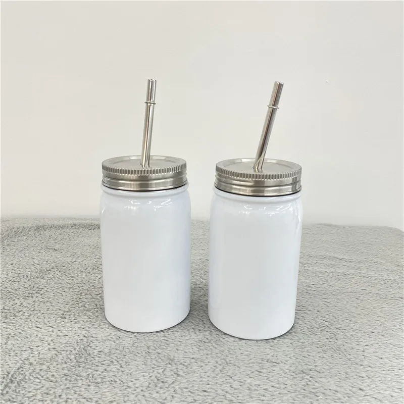 

Us warehouse 17oz 500ml white sublimation blanks double wall Stainless steel mason jar with Lids and Metal Straw for DIY print