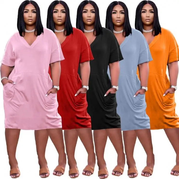 

MISSMOEN New Arrival Solid V-neck Plus Size Clothes 2021 Summer Dresses Ladies Women Casual Dress