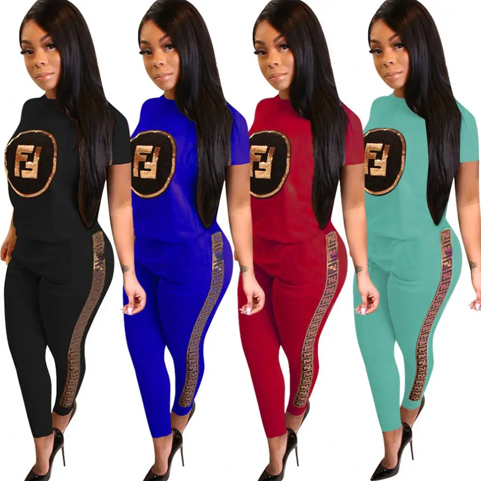 

Patchwork Short Sleeve Tshirt And Stretch Pants Sweat Suit Clothing Women Two Piece Outfits, Red, black, blue, mint