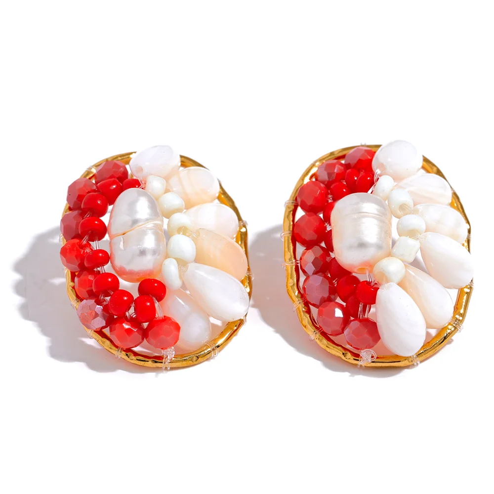 

JINYOU 2517 Crystal Natural Shell Pearls Handmade Red Geometric Stud Earrings Stainless Steel Fashion Jewelry Gift 2023