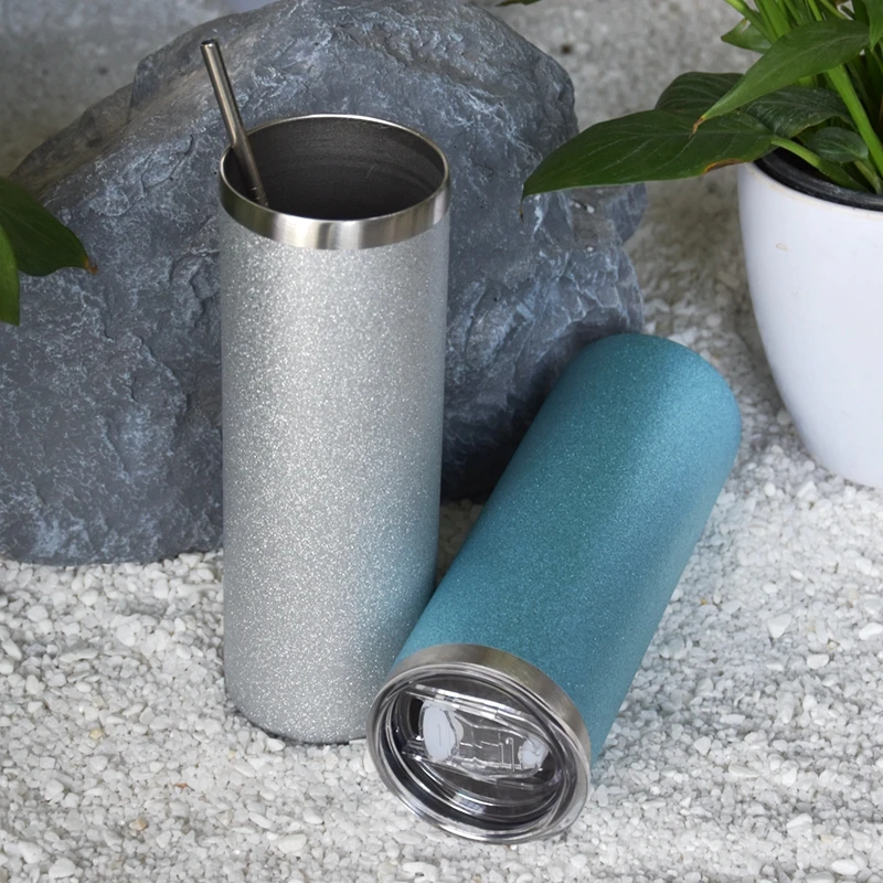 

2021 US Hot Selling 20oz Powder Coated Stainless Steel Vacuum Insulated Glitter Skinny Tumbler Glitter Sublimation Tumbler, Blue/silver/pink/gold