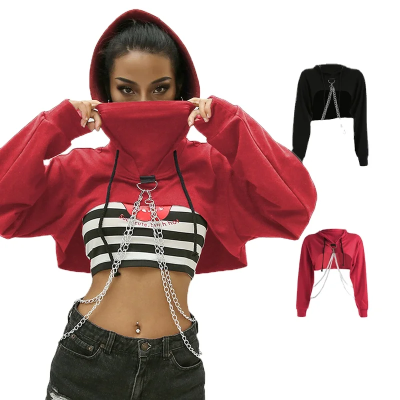 

Wholesale fashion open bust cropped hoodie long sleeve women crop top hoodie with chain