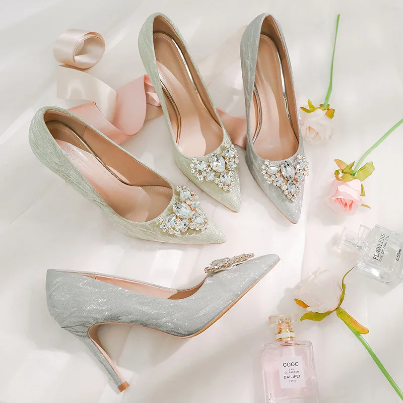 

Women New Pointed Heel Bridal Shoes Wedding High Heels Chrytal Bridesmaid Ladies Shoes