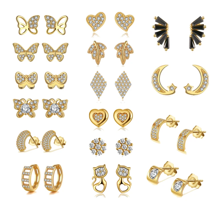 

RINNTIN APE Fashion aretes 14K gold plated earring jewelry heart butterfly moon zircon 925 sterling silver studs earrings women