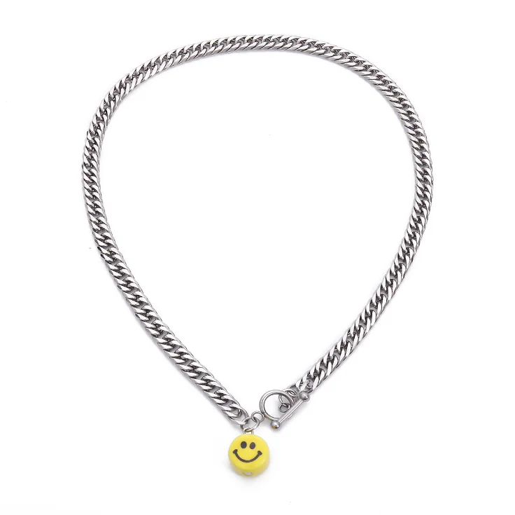 

Trendy Stainless Steel Chain Necklaces Yellow Smiley Pendant Necklace Ladies Buckle Jewelry Lovers Silver Fine Jewelry