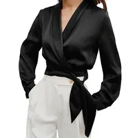 

OOTN 2020 Chic Elegant Black Shirt Ladies Autumn V Neck Office Tunic Shirt Long Sleeve Wrap Tops Satin Crop Top Blouse Women