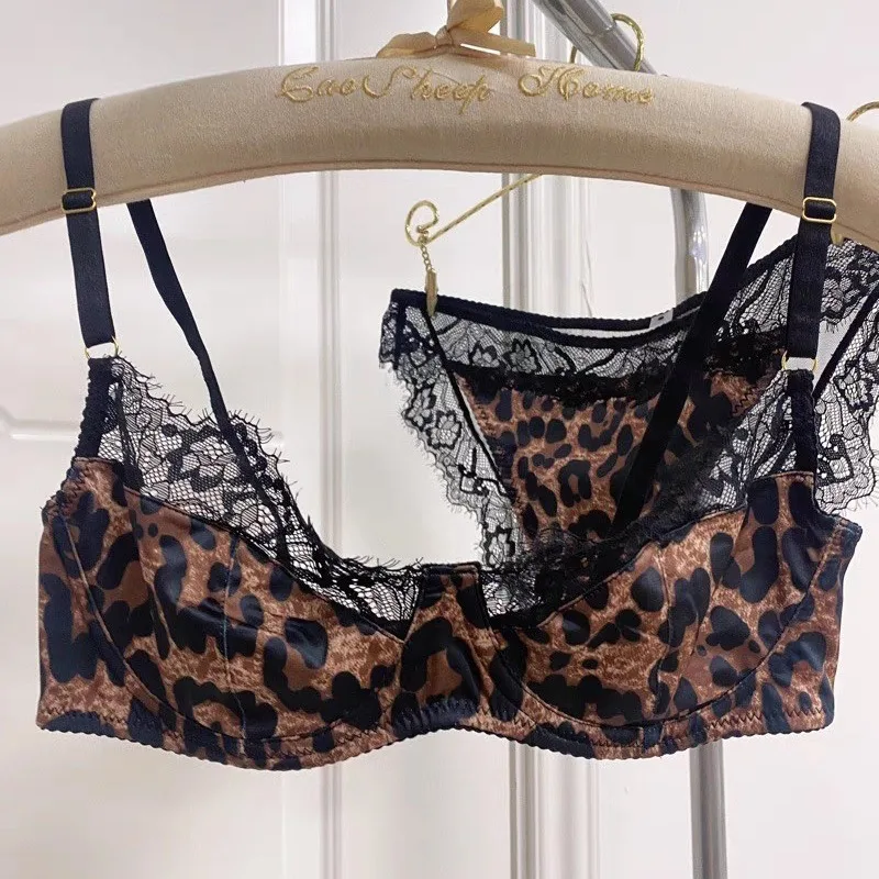 French Ultra-thin Sexy Leopard Print Half Cup Lace Underwear Push-up Anti Sagging Soft Steel Ring Women's Bra Sets