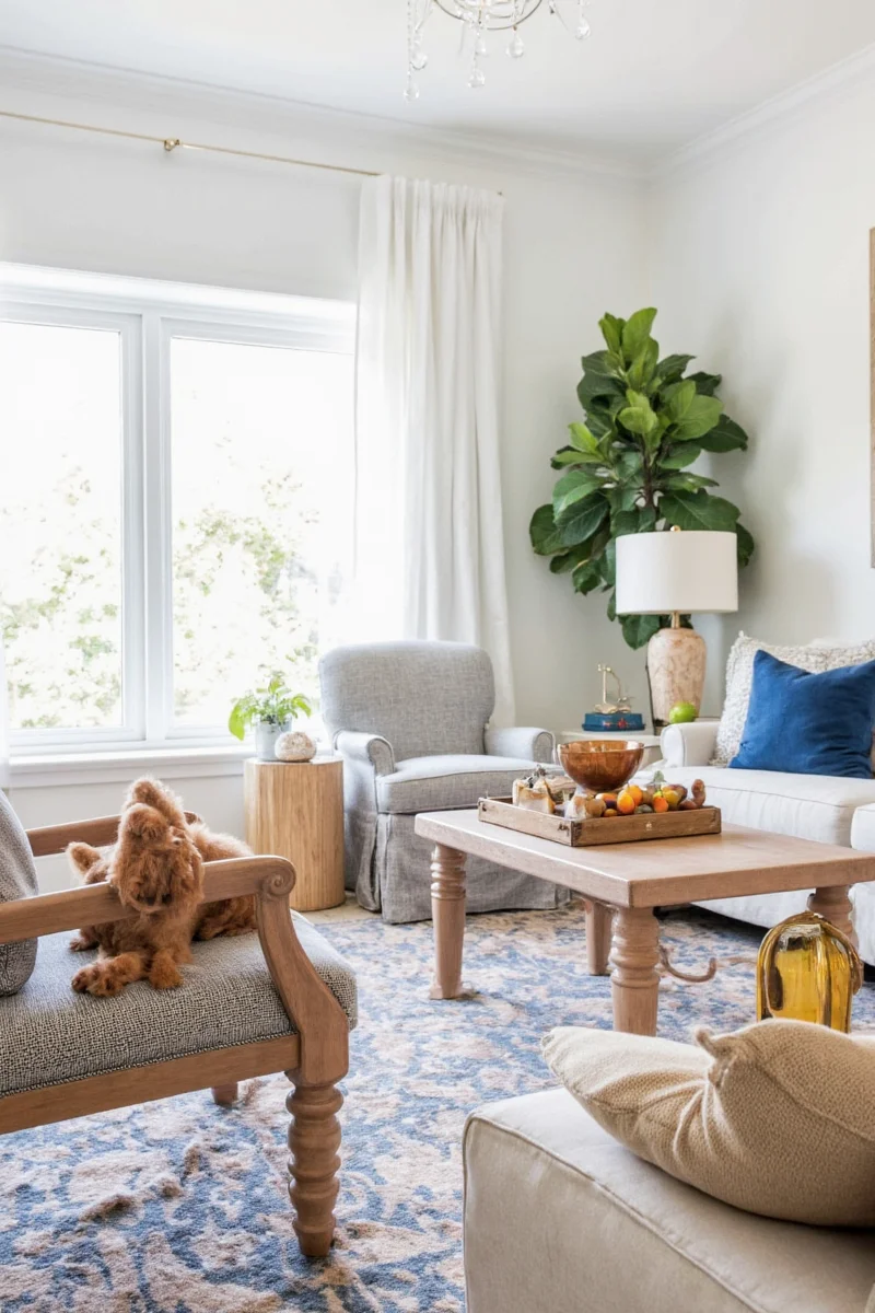 Stylish living room with pet-friendly furniture, dog bed under coffee table, cat tree in corner