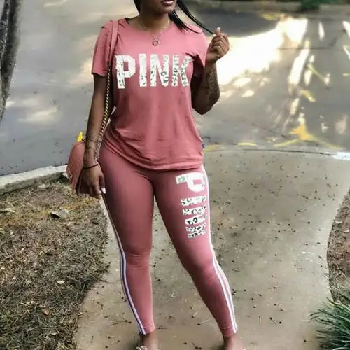 

New Milk Silk & Polyester Plus Size joggers set Casual two piece womens set pink letter pink breathable 212968