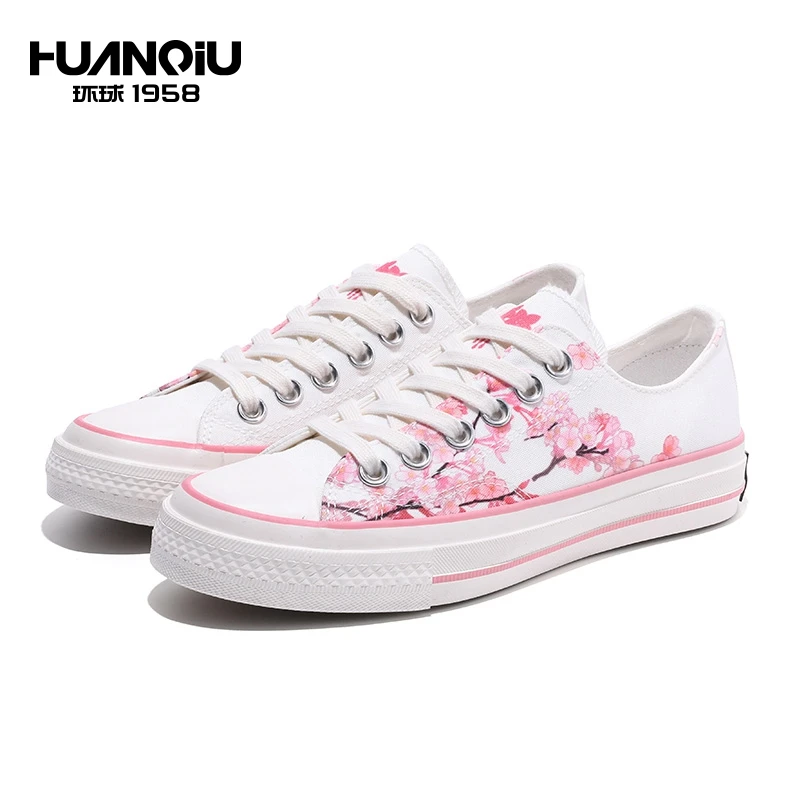 

H20287 HUANQIU oxford Breathable Rubber Lace up printed rubber sole canvas shoes for girls, White