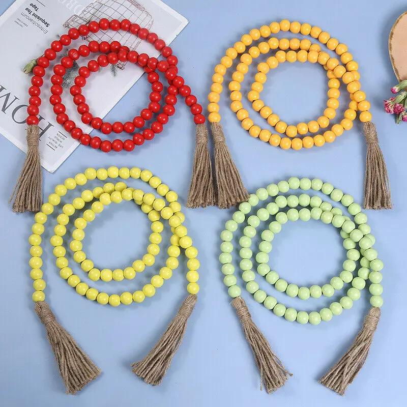 

Rainbow Colorful Wall Hanging Decor Rustic Country Wooden Beads Farmhouse Garland with Tassels Ornaments