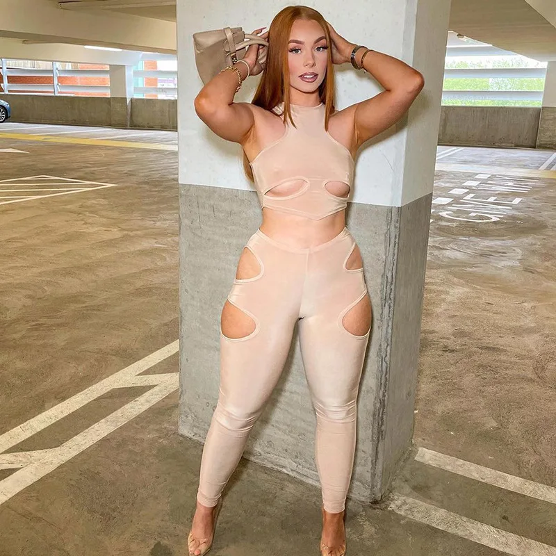 

Ready to Ship New Style Solid Color Waistless Summer Sexy Vest Hollow Women 2 Piece Pants Set