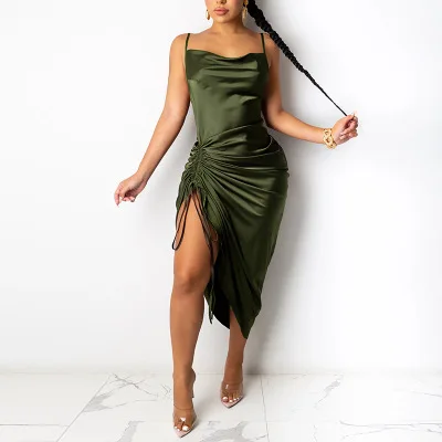 

Spaghetti Straps Satin Dress Women Side Lace Up Ruched Midi Dresses Woman Elegant Sexy Long Dress Party Club Wear 2021 New