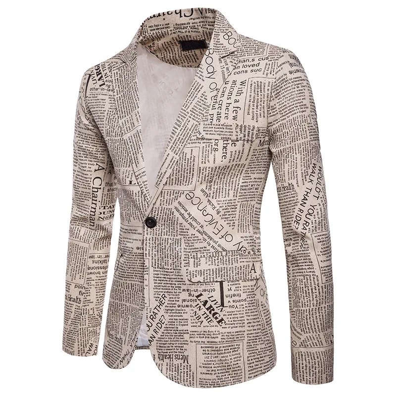 

Creative Newspaper Print mens blazer mens slim fit suits, As picture show