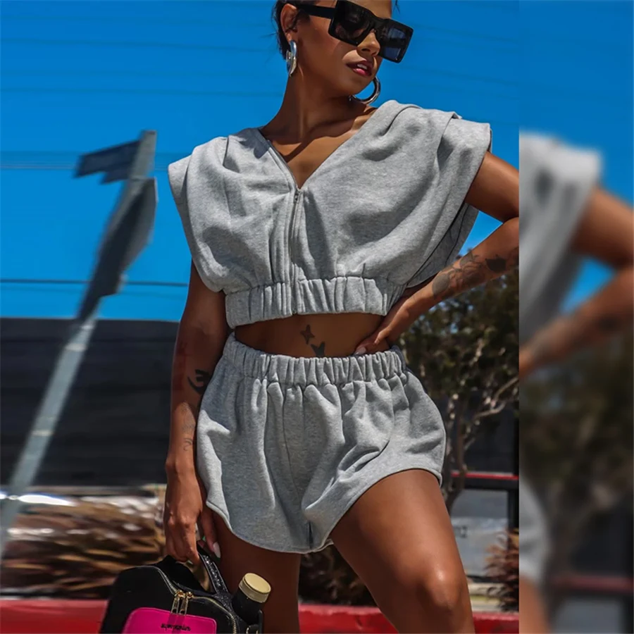

Kliou K21S03651 Solid Cotton Crop Top Short Sleeveless Jogger Set Two Piece Pants Set