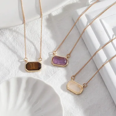 

HOVANCI INS New Arrival Sweet Candy Color Natural Stone Necklaces Geometric Purple Spar Pendant Necklaces for Gifts