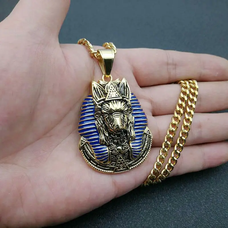 

2021 new hip-hop stainless steel 18K gold plated vintage Egyptian Anubis pendant necklace