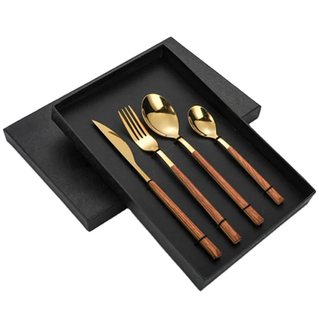 

High-Quality Wood Grain Stainless Steel Tableware With Square Handle 5-Piece Western Food Knife Fork Spoon Gift Box Set, Colorful