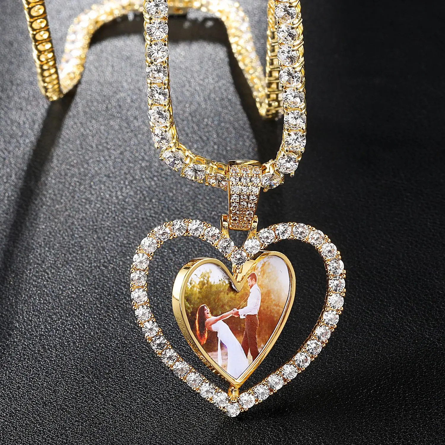 

Gold Planted Crystal Punk Custom Locket Pendant Photo Hiphop Necklace, Picture