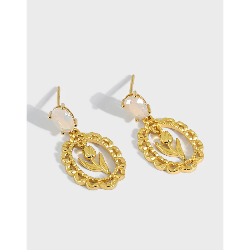 

Shiny Rhinestone Geometric Circle Flower Drop Earrings S925 Rose Flower Hollow Circle Oval Dangle Earrings For Women