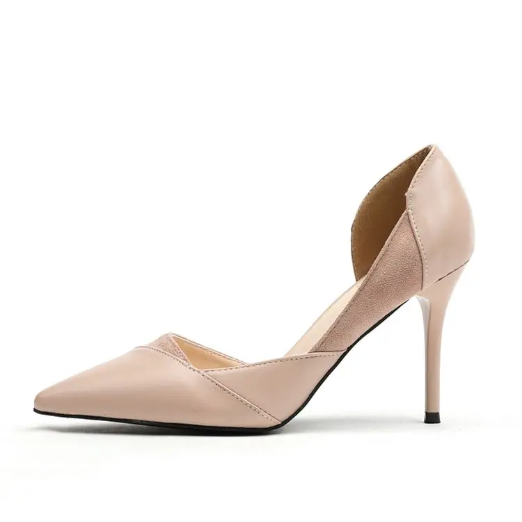 

New pattern Fine heel pointed toe PU leather office side space heels for ladies, Black beige nude