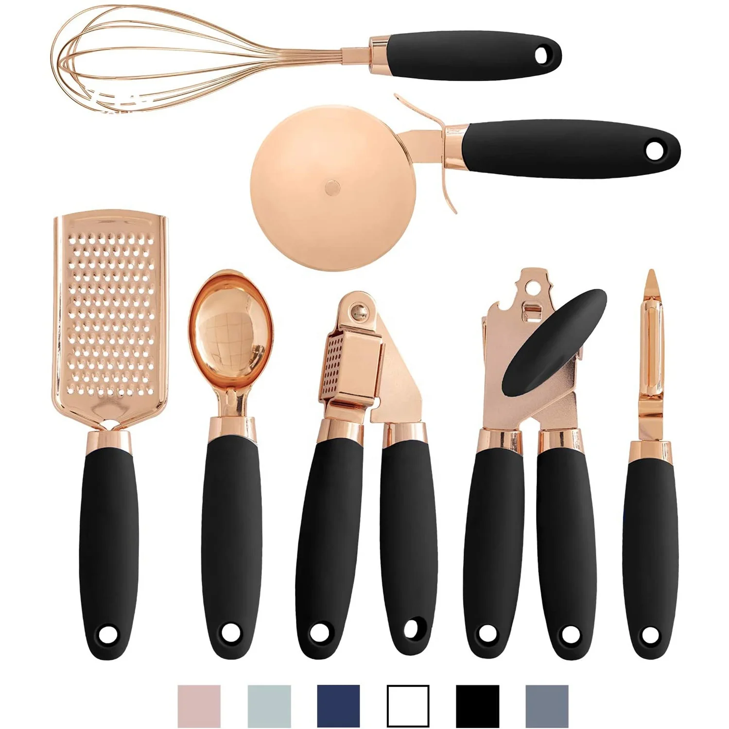 

7 Pieces Rose Gold Kitchen Tools Set Kitchen Accessories Gadget Set Copper Coated Stainless Steel Utensils Set, Black/grey/pink/green handle