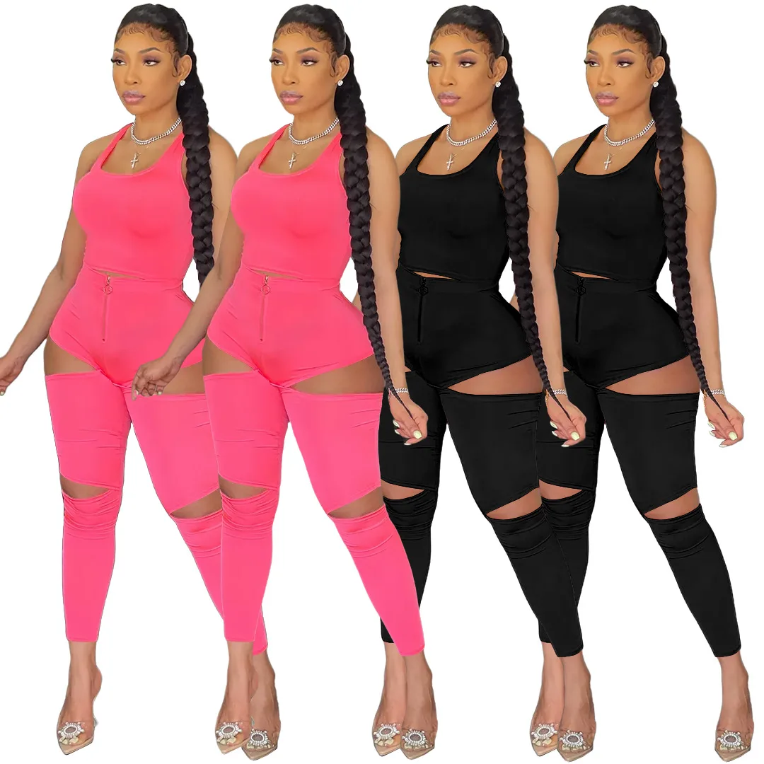 

Casual Clothing Sport Two Pieces Women Clothing Summer Hollow out Zipper Vest 2 Pieces Pants Sets