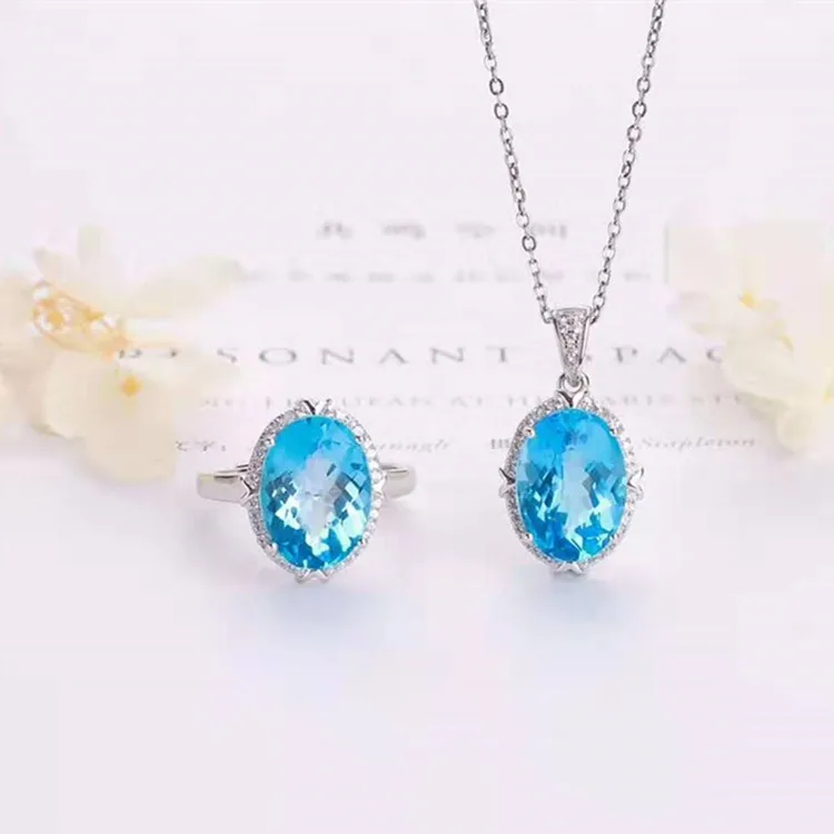 

big crystal jewelry wholesale 925 sterling silver 18k white gold plated 10x14mm natural blue topaz pendant necklace ring set