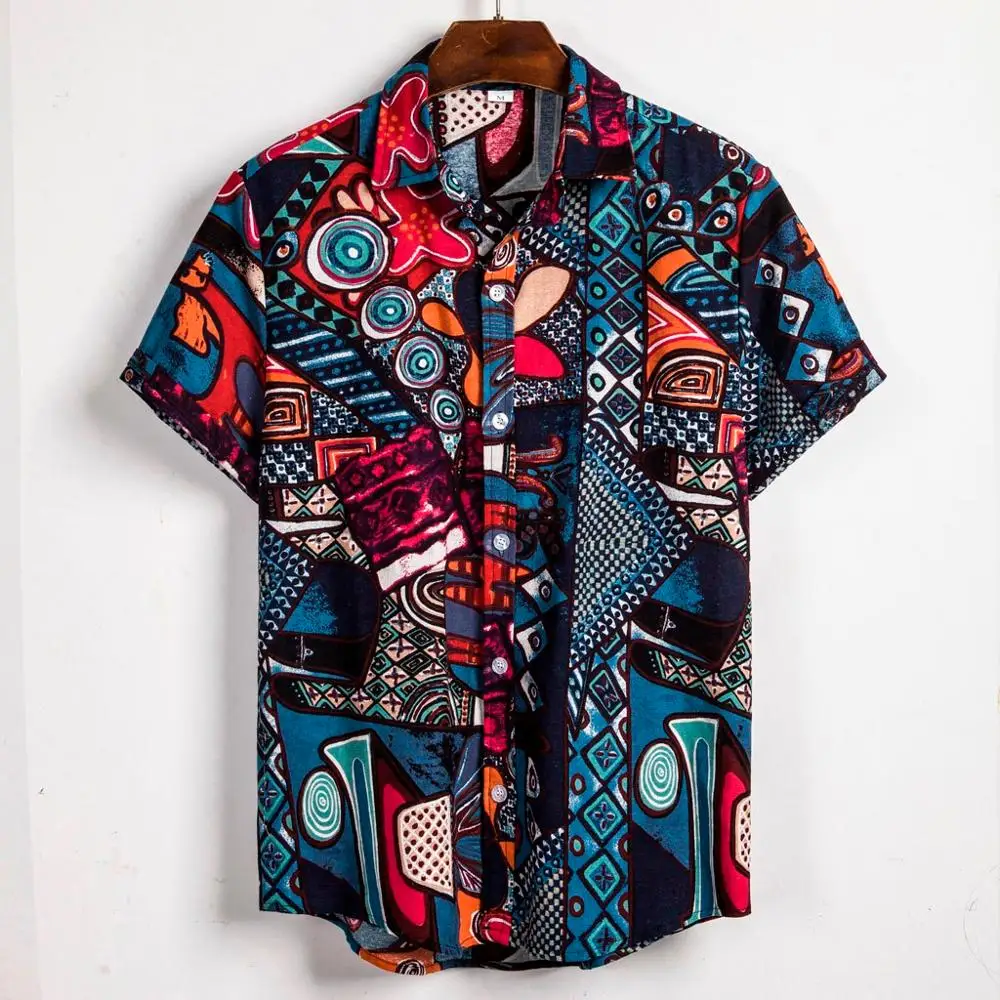 

Summer Men's Ethnic Casual Blouse loose Fit Hawaii Vintage African Printing Hawaiian Shirt, Custom color