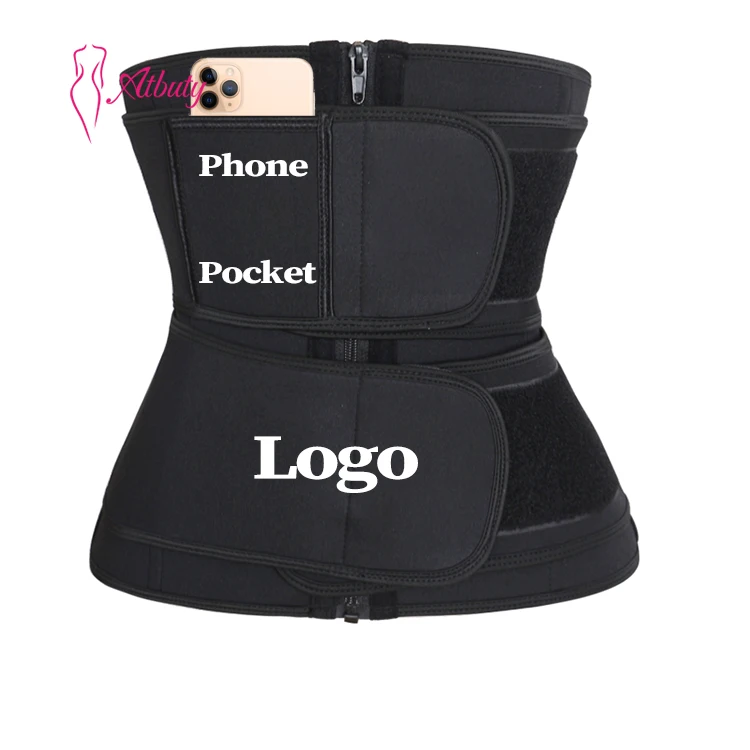 

ATBUTY Pocket Black 2 Belts Gym Zipper Waist Trainer With Logo