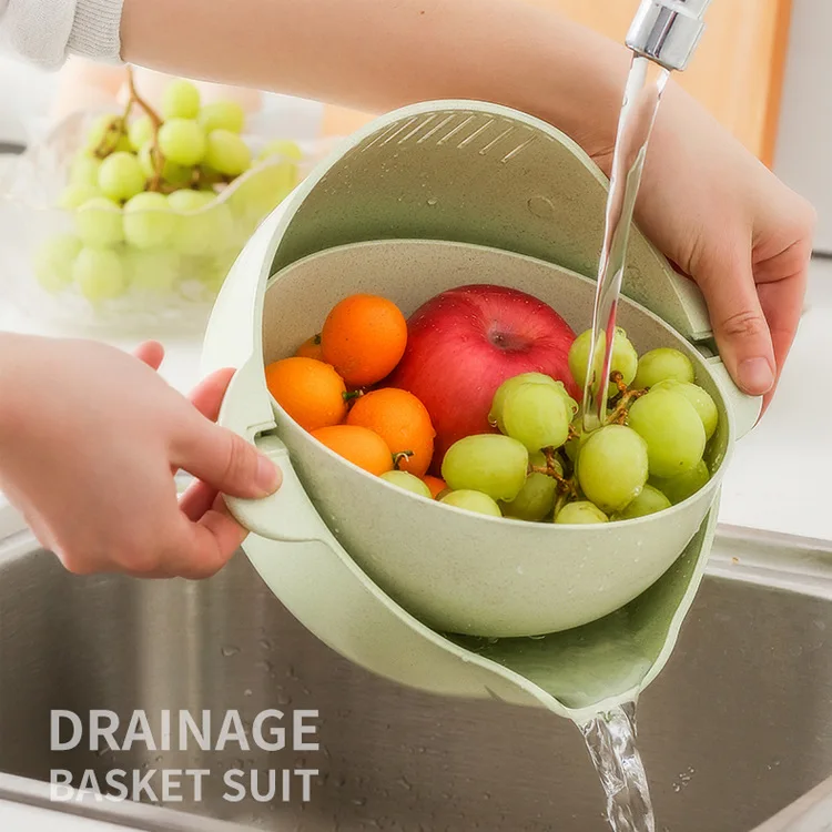 

2 In 1 Double Layer Cleaning Vegetable Fruit Washing Kitchen Colander Plastic Drain Basket Strainer Bowl with Handle