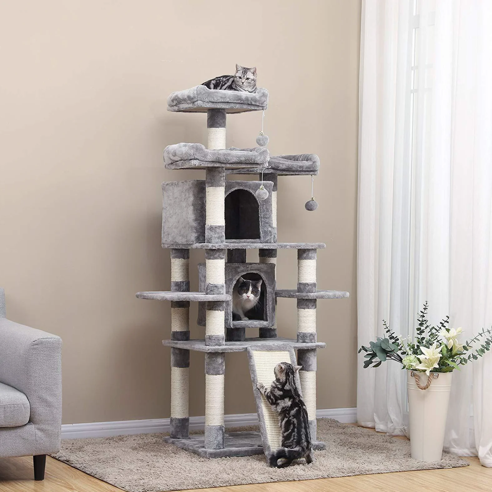 

Household cat wooden condo tree pet climbing scratcher cat tree tower, Grey