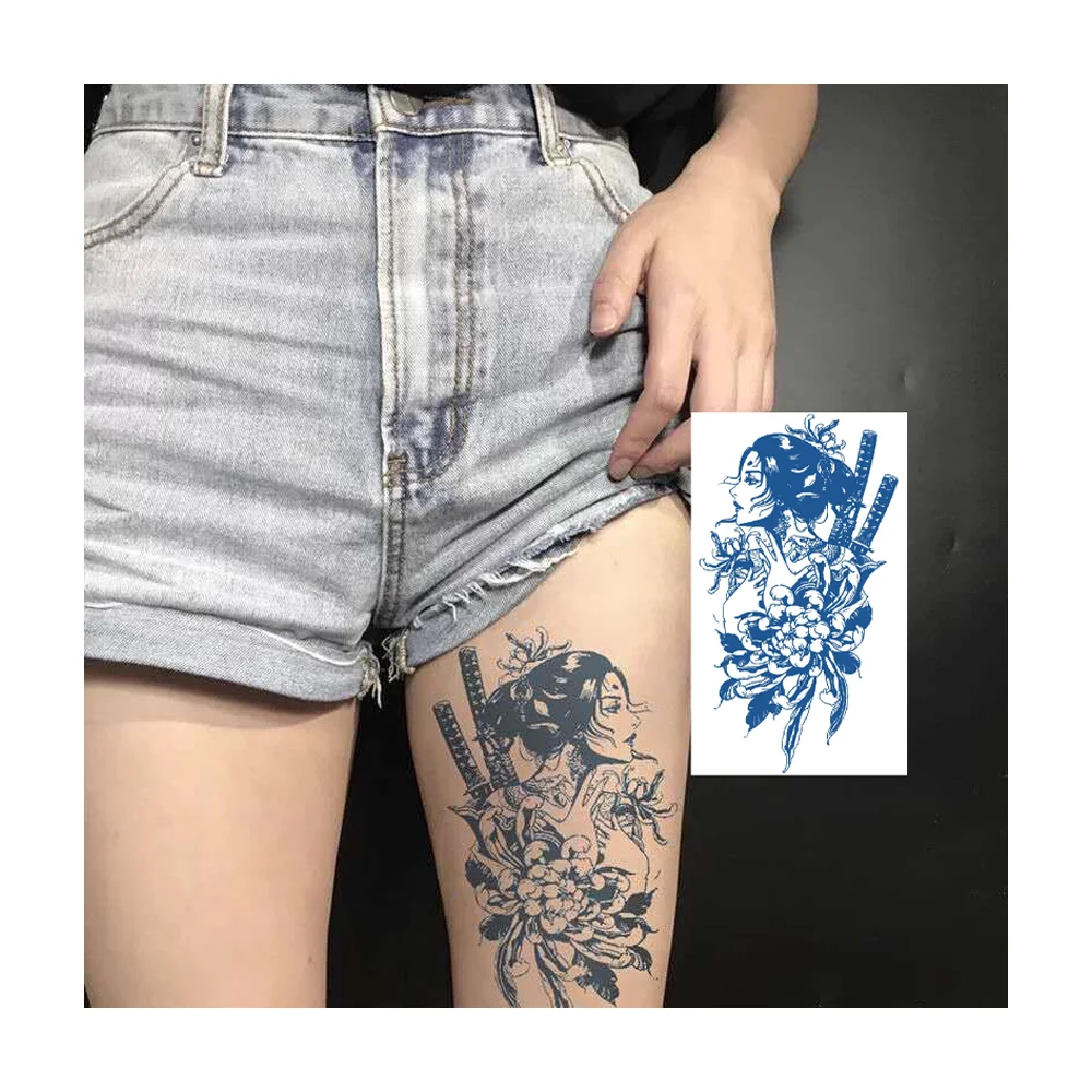 

Full Color Semi Permanent Blue Cool Gardenia Genipa Juice Tattoos Last 15 Days Temporary Tattoo Stickers Of Japanese Geisha Girl, Cmyk