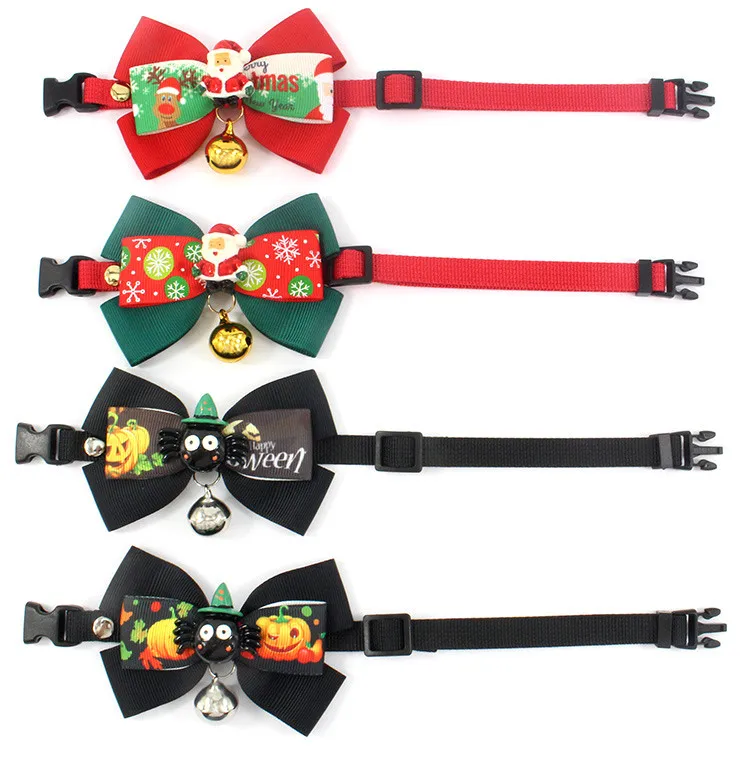 

pet collar bow knot bell cat neck ornaments manufacturers direct Halloween ribbon bow pet supplies, Black/green/red