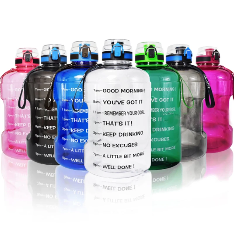 

Half 1 Gallon 64oz 2 liter 2L 2.2L 2.5l 64 oz Sport Jug Botol Minum Motivational Gym Water Bottle With Time Marker Straw Sleeve
