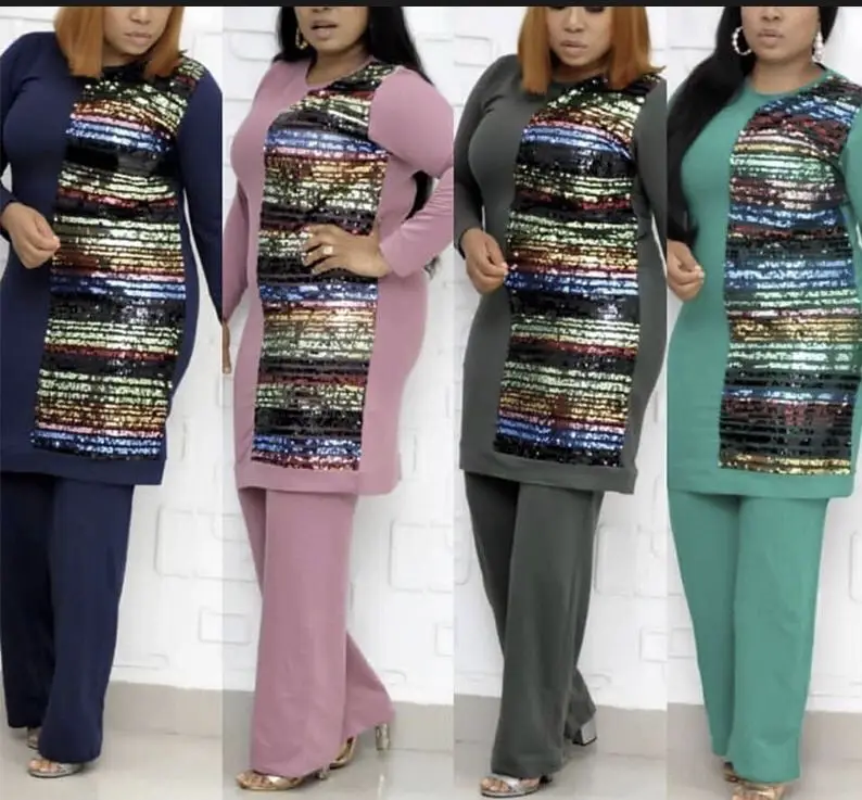 

2020 African women two pieces set plus size sequin chromatic long sleeve shirt&slim fit pants set, Pink dark blue green or customized