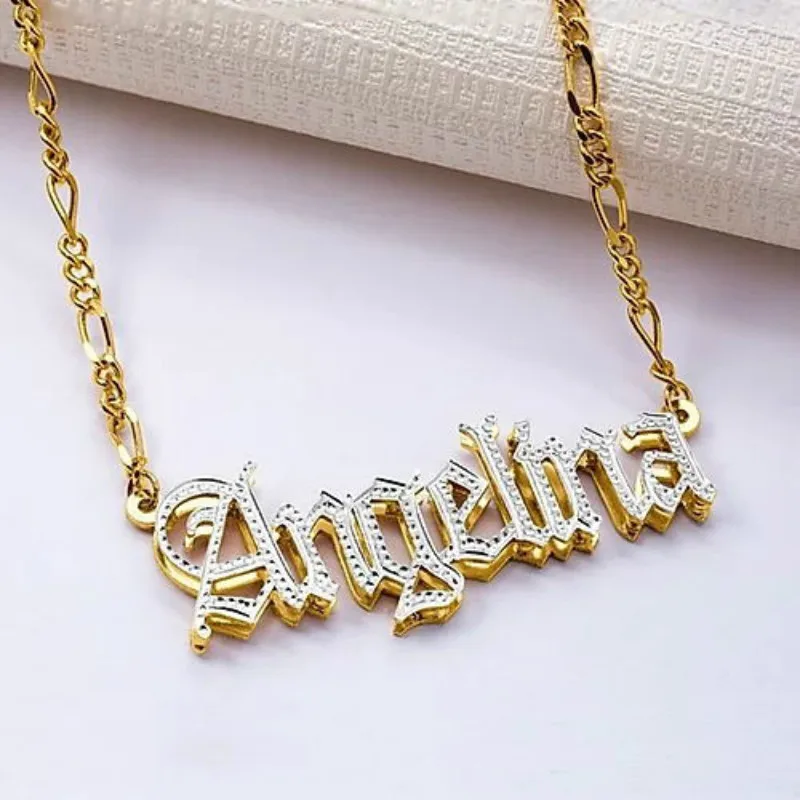 

2020 new arrival 3d nameplate necklaces double gold plated personalized Custom Hip Hop old english font Name Necklace